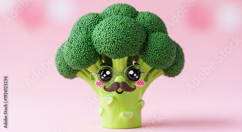 Whimsical cartoon broccoli with glasses and mustache on pink background symbolizing healthy eating and fun