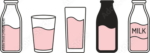 Milk Bottle and Glass Icon Set with Dairy Beverage Containers in Outline and Solid Style for Grocery and Food Design