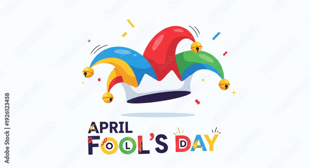 Fototapeta premium Colorful jester hats celebrate april fool's day with confetti on white background