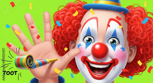 Smiling clown with red curly hair and colorful party horn on green background with confetti