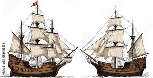 Vintage wooden sailing ship illustration, old pirate galleon with sails isolated on white background nautical vector artwork
