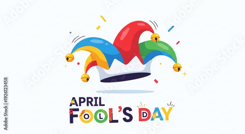 Colorful jester hats celebrate april fool's day with confetti on white background