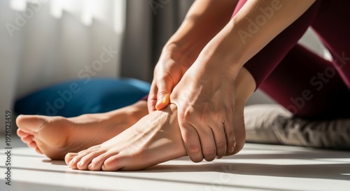 Wallpaper Mural Close-up shot of a person holding their ankle in pain, possibly due to injury or strain, with soft natural light illuminating the scene Torontodigital.ca