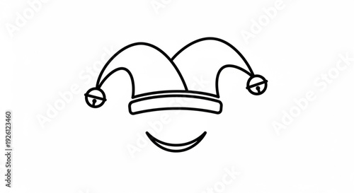 Jester's hat with a smiling face simple line drawing black and white playful festive and whimsical design element