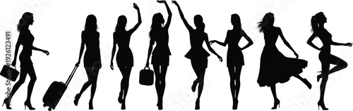 Women silhouettes illustration, handbag fashion, stylish poses, suitcase accessory, lifestyle artwork, elegant movement, travel design, dynamic female figure artwork