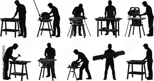 Woodworking silhouettes illustration, carpentry workers, cutting wood, hammering nails, measuring materials, lumber handling, workshop activity, construction tools, craft skills artwork