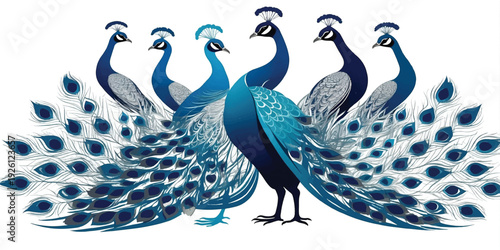 Decorative Peacock Collection Illustration with Multiple Blue Green Peacocks, Spread Tail Feathers and Elegant Symmetrical Bird Design Artwork.