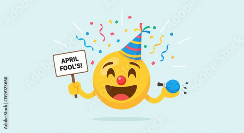 Happy April Fools Day emoji with party hat and confetti holding a sign and noisemaker concept for celebration and pranks isolated on light blue background