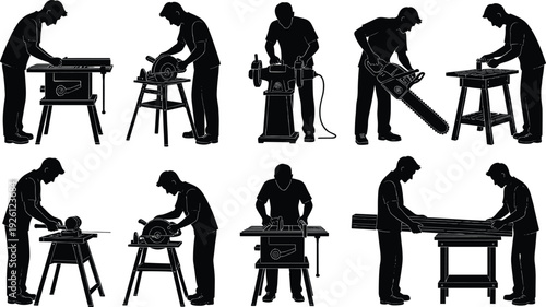 Woodworking silhouettes illustration, carpentry workers, power tools, table saw, circular saw, sanding machine, measuring tools, craft skills, workshop activity artwork