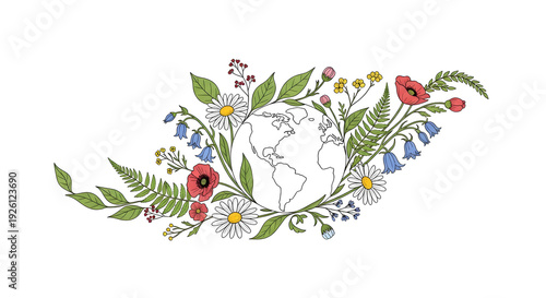 Wallpaper Mural Earth Day botanical illustration with green plants and subtle globe element in flat vector style. Torontodigital.ca