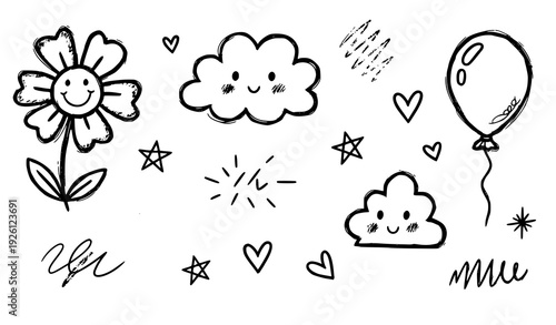 SEO Title
Cute Kids Doodle Sketch Icon Set with Flower Cloud Balloon and Heart Childlike Hand Drawn Vector