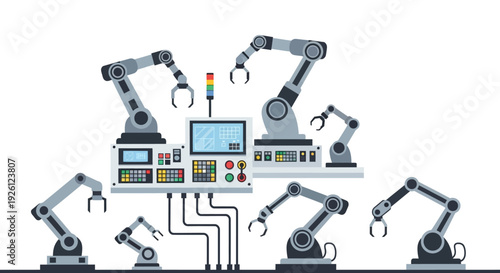 Automated robotic arms working together in a modern industrial manufacturing setting with a central control panel.