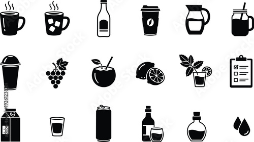 Beverage icon set featuring coffee, tea, smoothies, cocktails, juice, soda, milk carton, pitcher, grapes, lemons, water.