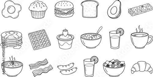 Breakfast food icon set featuring eggs, muffins, pancakes, waffles, cereal, juice, coffee, bacon, sausages, fruit, croissant.