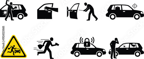 Car theft silhouette icons showing break-ins, window smashing, targeting vehicles, fleeing thief, warning signs, security systems, distressed owner.