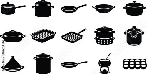 Cookware silhouette icon set featuring saucepan, stockpot, frying pan, wok, Dutch oven, casserole, grill pan, steamer, tagine.