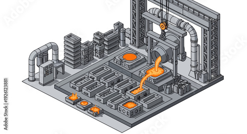 Isometric illustration of a modern industrial foundry with molten metal being poured into molds.
