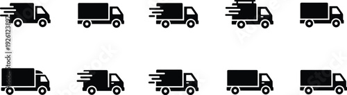 Delivery truck silhouette icon set with motion lines, varied designs, logistics, transportation, shipping speed, courier service graphics.