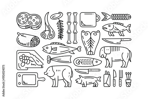 Meat food icon set with various kitchen utensils and animal illustrations