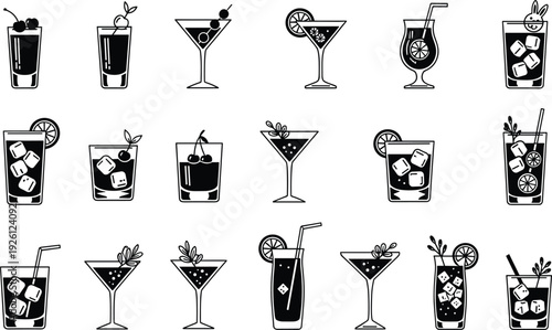 Cocktail and Mocktail Glass Icons Collection with Martini, Juice, Lemonade, and Iced Drinks Vector Set