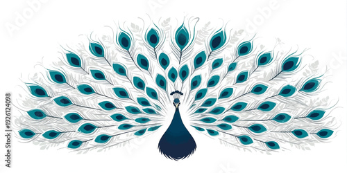 Stylized peacock illustration with fully spread decorative feathers in a symmetrical fan shape, ideal for luxury branding, logo design, invitations, and ornamental backgrounds.