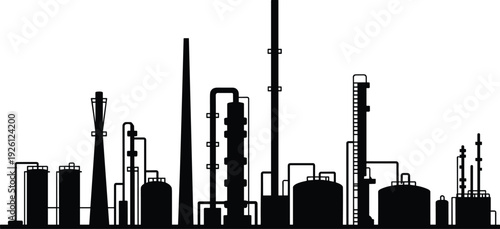 Industrial Oil Refinery and Petrochemical Plant Silhouette with Distillation Columns, Storage Tanks and Pipeline Network Isolated on White Background, Energy Infrastructure Concept
