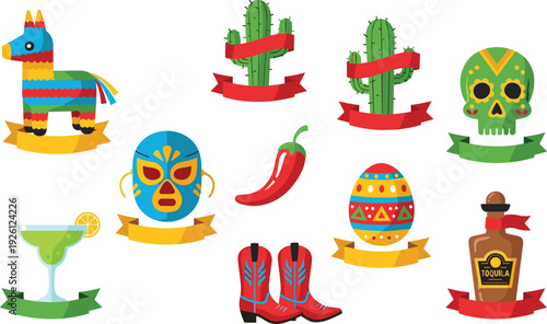 Mexican Cultural Icon Collection with Piñata, Cactus, Sugar Skull, Tequila Bottle and Traditional Symbols Colorful Vector Illustration Set