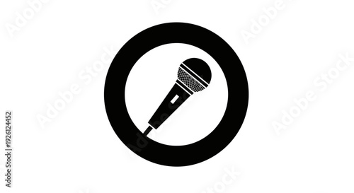 Black and white microphone icon in a circle symbolizing silence or prohibition.