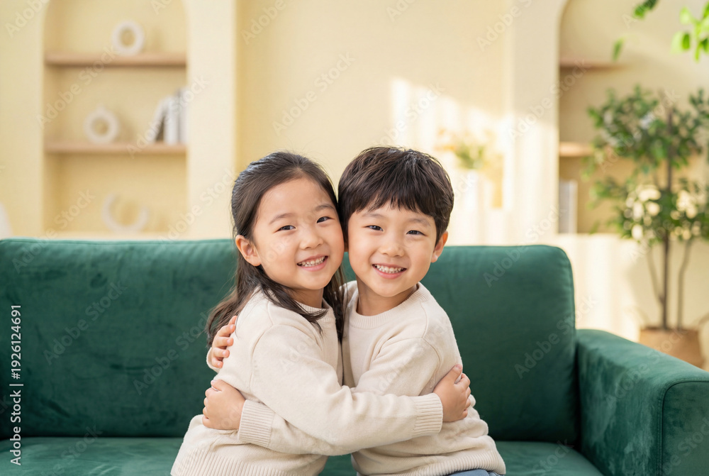 Fototapeta premium Happy asian brother and sister hugging on a green sofa at home