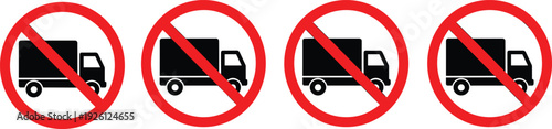 Red prohibition sign icons with black truck silhouettes indicating no heavy vehicles allowed for traffic regulation road safety and logistics restricted area warnings.
