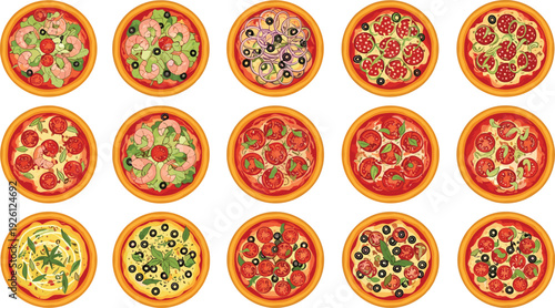 Top View Pizza Collection with Pepperoni, Vegetable, Olive and Cheese Toppings Colorful Italian Fast Food Vector Illustration Set