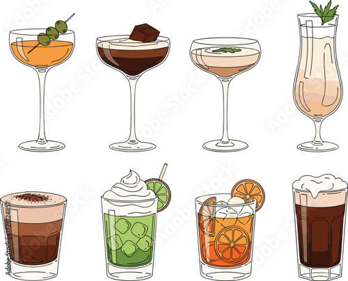 Hand Drawn Cocktail and Coffee Drink Collection with Martini, Espresso, Citrus Garnish and Cream Topped Beverages Vector Illustration Set