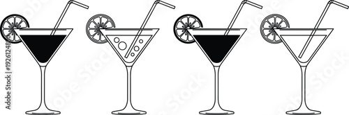 Minimalist Cocktail Martini Glass Icon Set with Lemon Slice Garnish and Straw Outline Vector Illustration for Bar Menu and Beverage Design