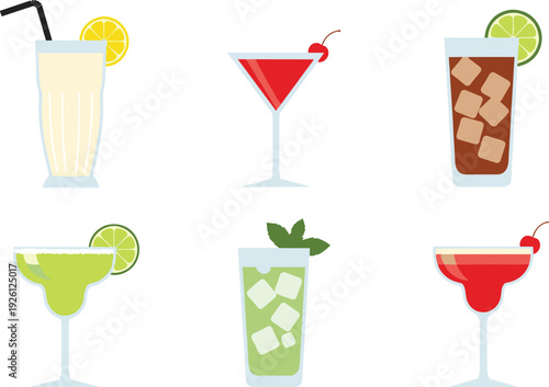 Cocktail Drink Illustration Set Featuring Popular Cocktails with Lime, Ice, and Garnishes for Beverage and Bar Designs