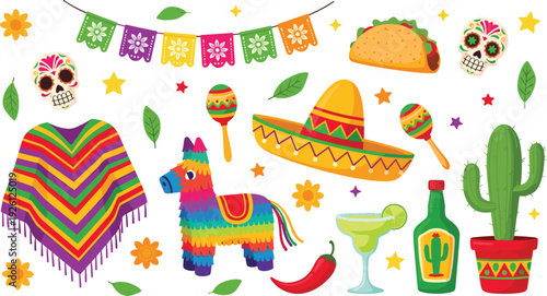 Mexican Fiesta Celebration Vector Set Featuring Traditional Decorations, Food, and Symbols for Cultural and Party Designs