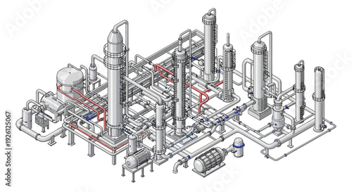 A complex industrial plant with numerous interconnected pipes, distillation columns, and tanks, illustrating a sophisticated chemical processing facility.