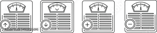 Set of bathroom scale icons with various indicators including up and down arrows and plus or minus signs for weight loss or gain tracking.