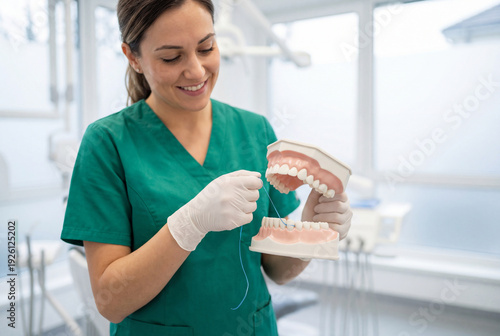 Dental hygienist demonstrates proper flossing technique on a jaw model in a clinic