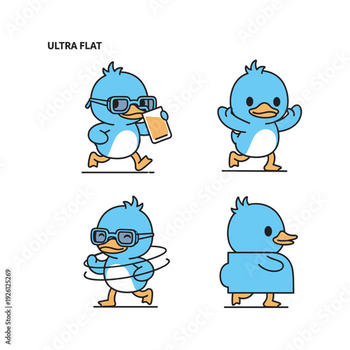 Cartoon blue duck characters in various poses and accessories with copy space