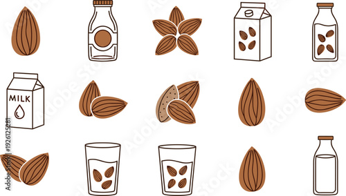 Almond Milk Icons Set with Almonds, Bottles, and Glasses for Healthy Drink and Plant-Based Nutrition Concepts