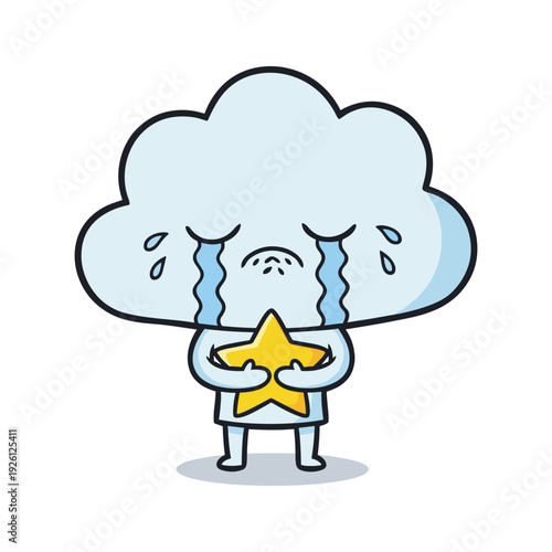 Crying cloud character holding a star with sad expression in a cartoon style