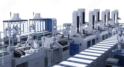 Automated industrial production line with robotic arms and conveyor belts for manufacturing processes.