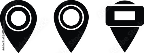 Set of black location pin icons and map pointer symbols including classic droplet shapes and a modern digital tag for navigation and GPS interface design.