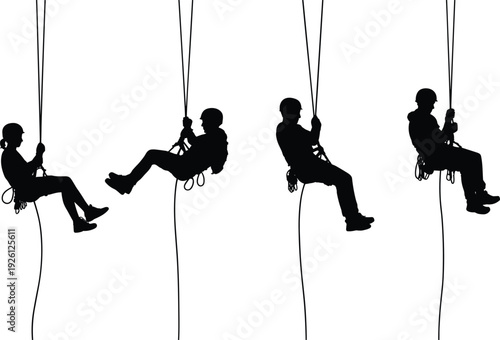 Industrial Rope Access Workers Silhouettes Hanging on Safety Ropes with Harness and Helmet Isolated on White Background, High Rise Maintenance Concept