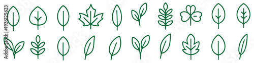 leaf icon set line style. Leaves of trees and plants, Leaves icon Collection, design for natural, eco, bio, and vegan labels. Vector illustration.