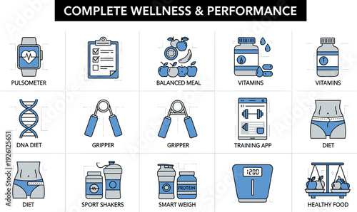 Complete Wellness and Performance Icon Set Featuring Vitamins, Balanced Diet, DNA Nutrition, Training App, Smart Scale, and Fitness Accessories