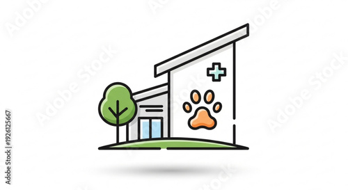 Veterinary clinic building with paw print and cross on wall tree beside