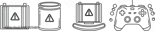 Set of black outline icons including industrial warning containers for hazardous materials and a game controller for technology and safety system interface design concepts.
