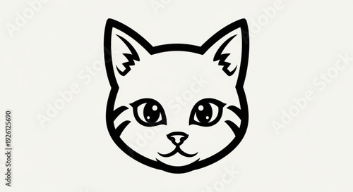 Black and white cartoon cat face with pointed ears and whiskers on a plain background
