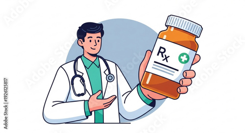 Doctor Holding Prescription Medication Bottle, Cartoon Style, Isolated on White